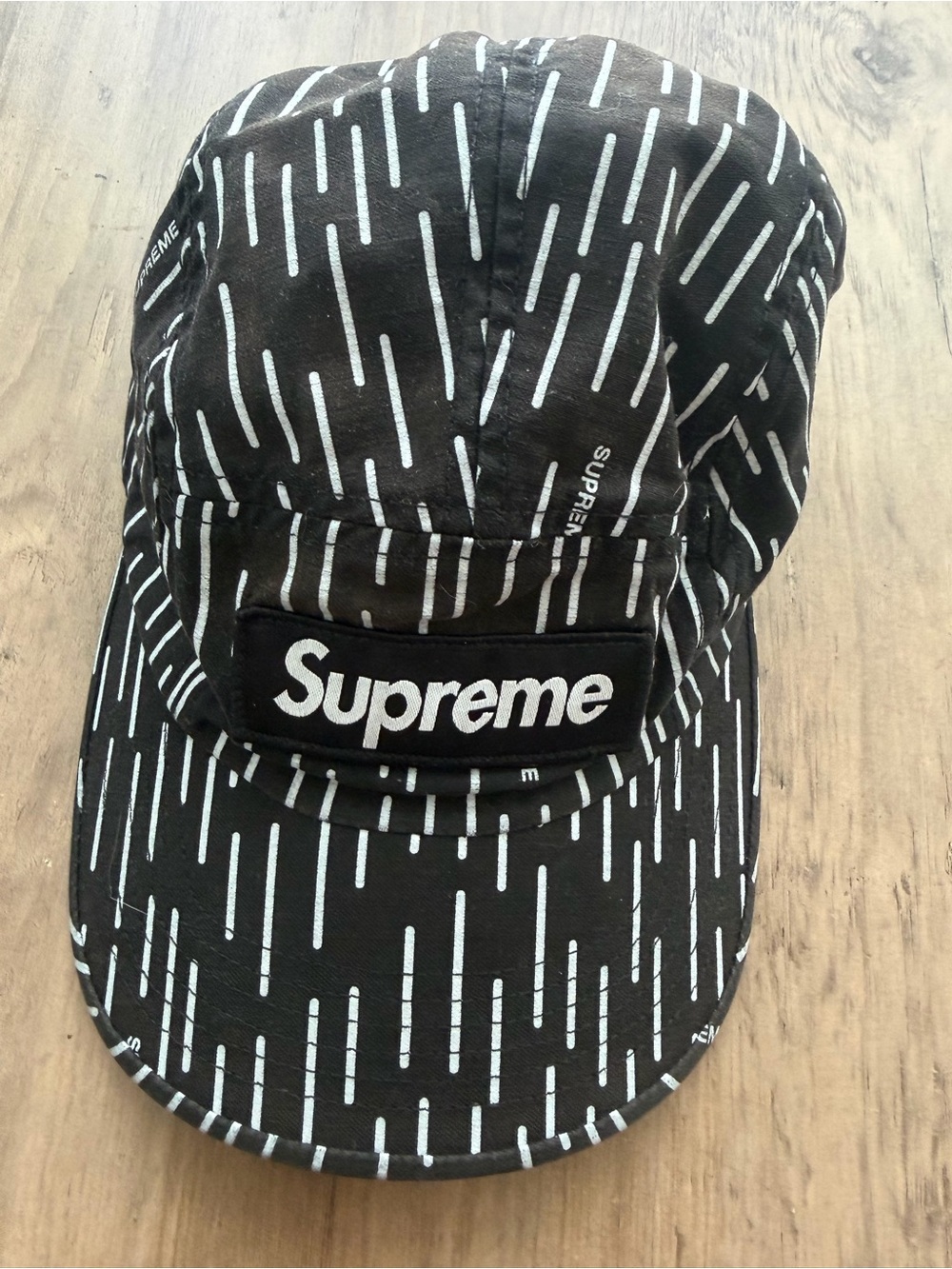 Supreme Black 5 Five Panel Hat with White Rain Stripe Pattern